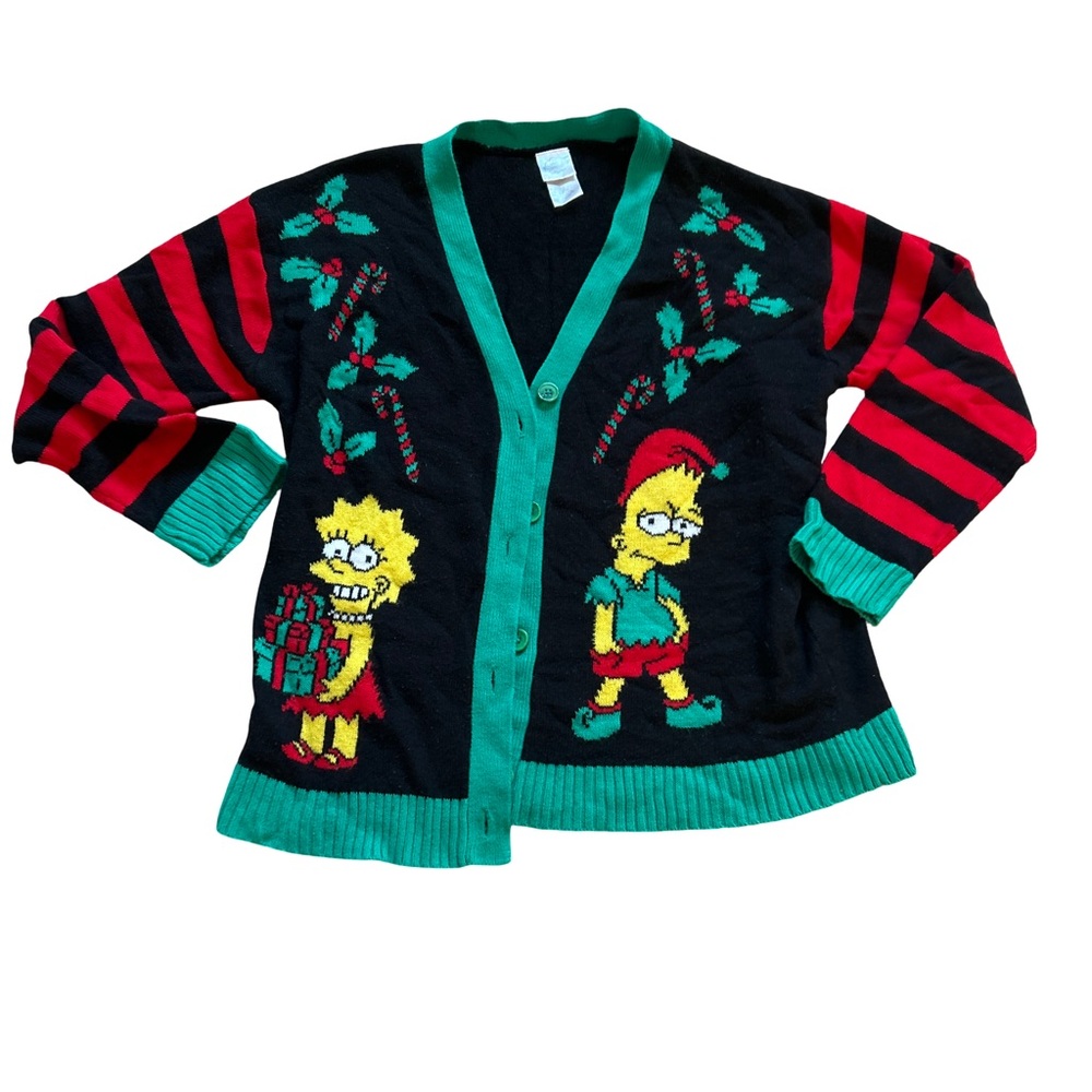 Rare VTG 90s The Simpsons Women’s Large Ugly Cardigan Bart Elf Lisa Presents - Picture 10 of 13